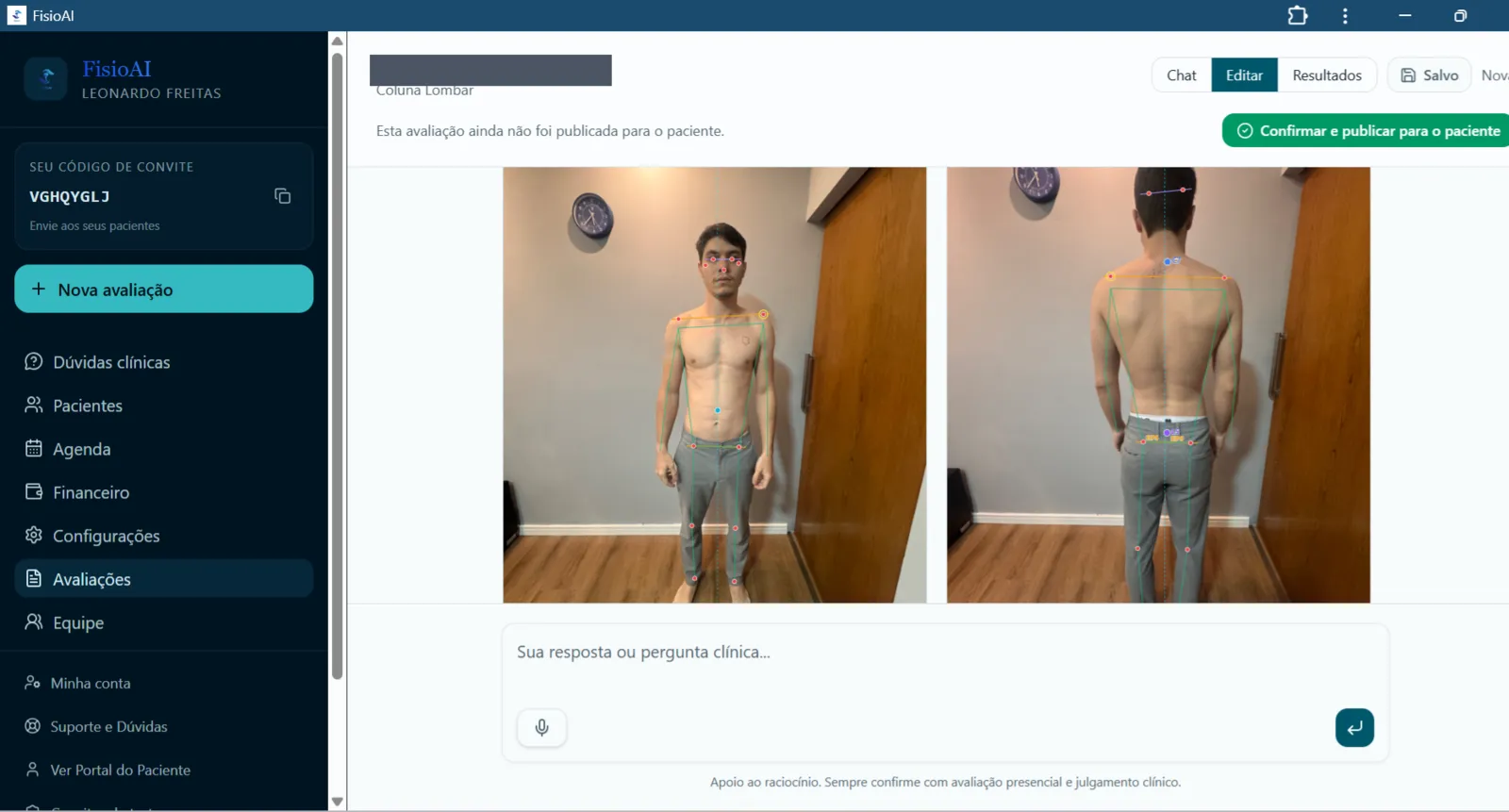 Tela de avaliação postural do FisioAI